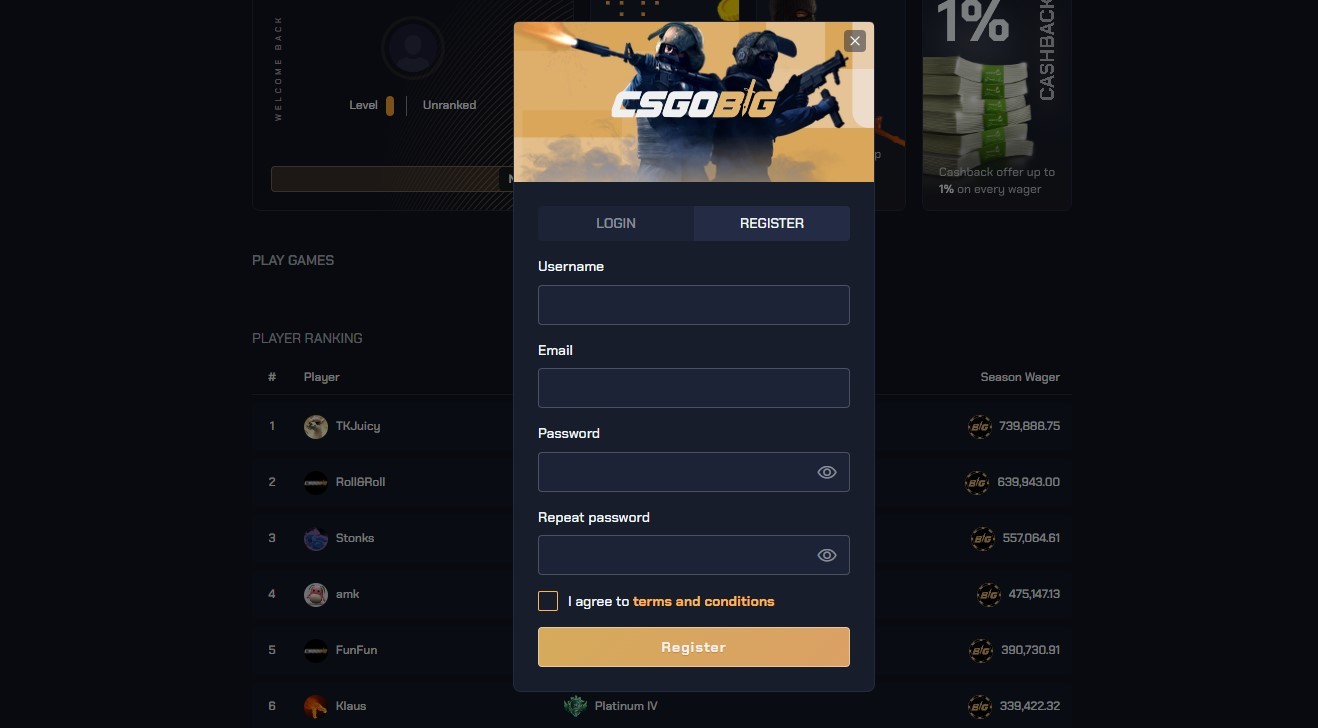Sign up on csgobig