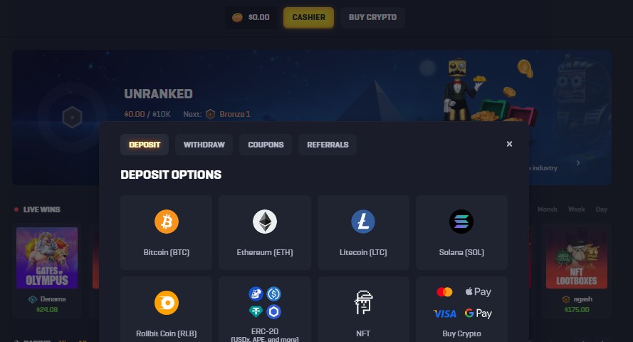 rollbit cashier menu