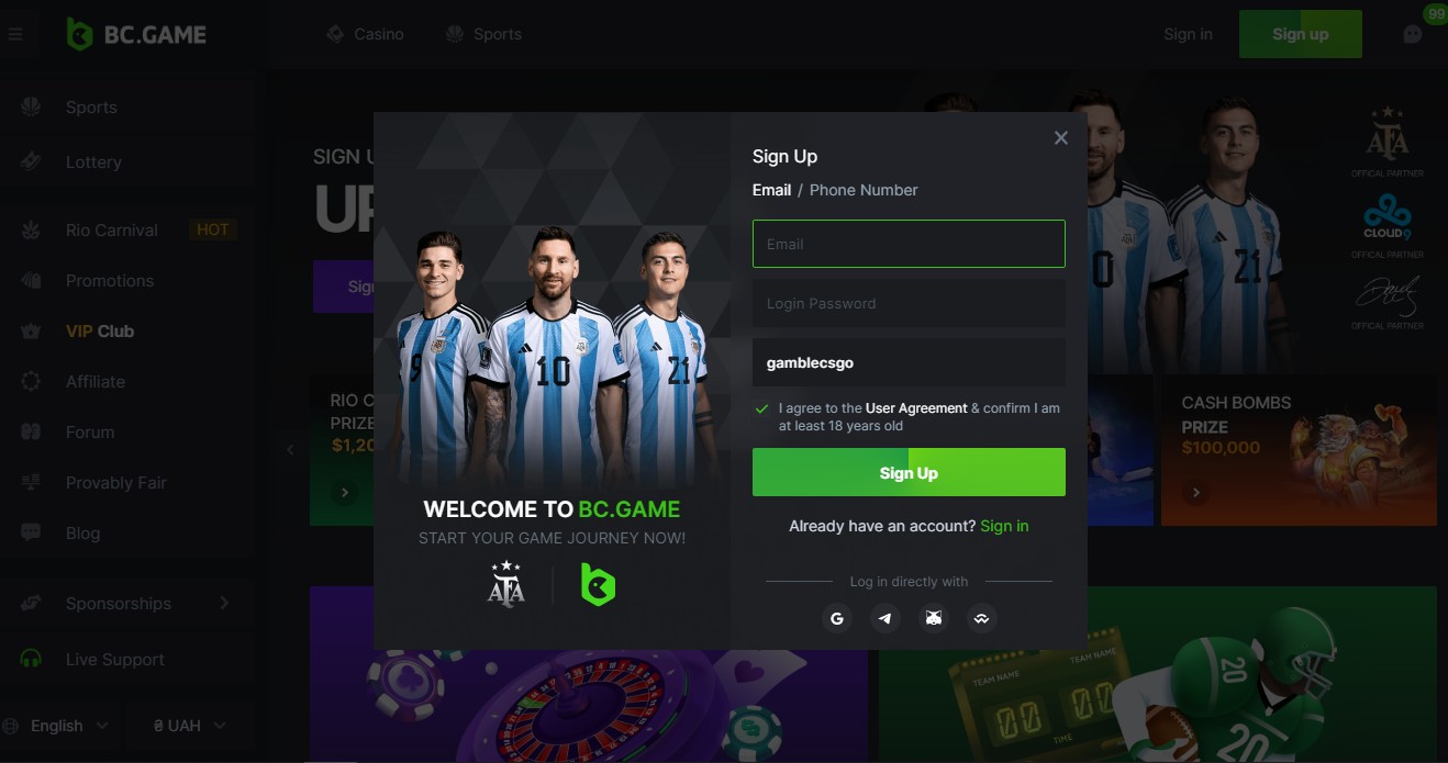 registration window BC.Game