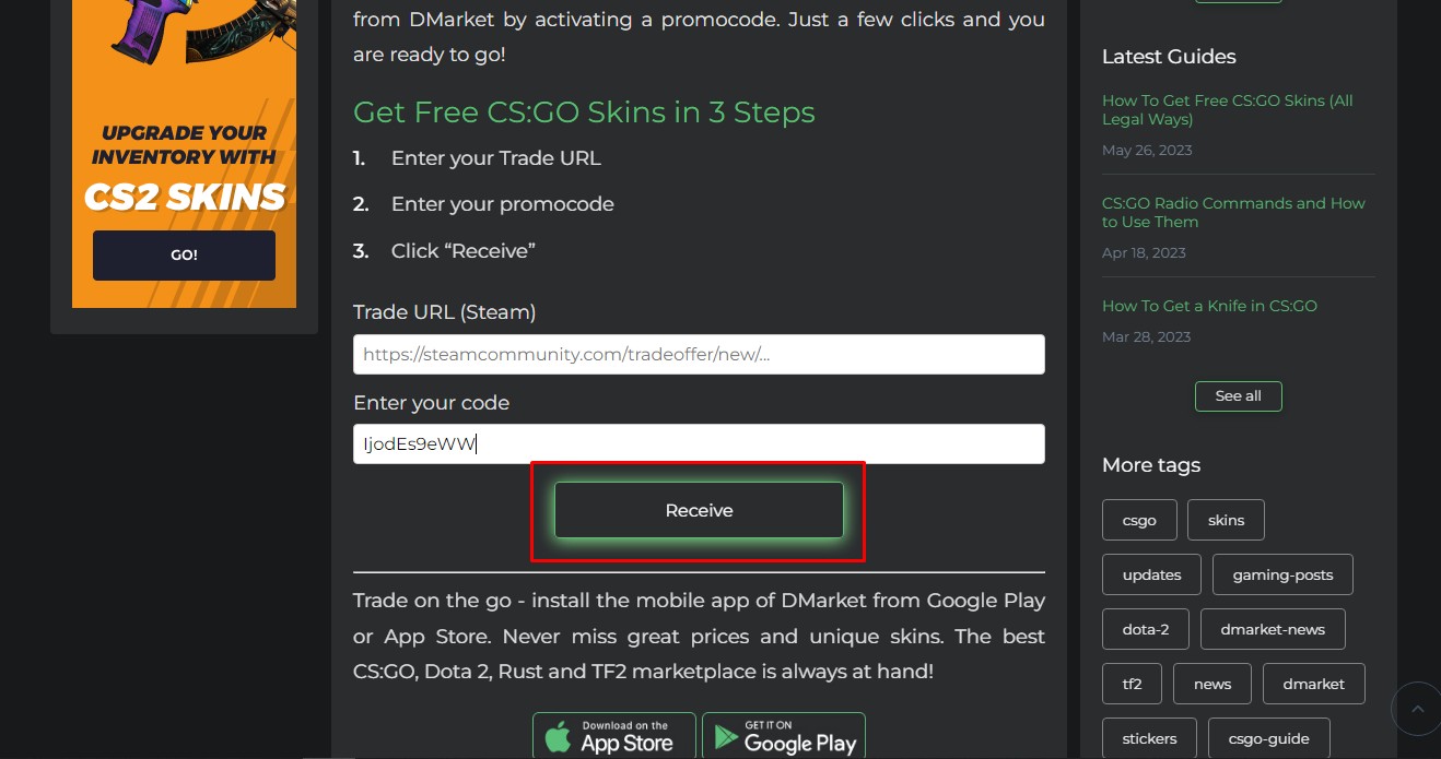 DMarket click Receive