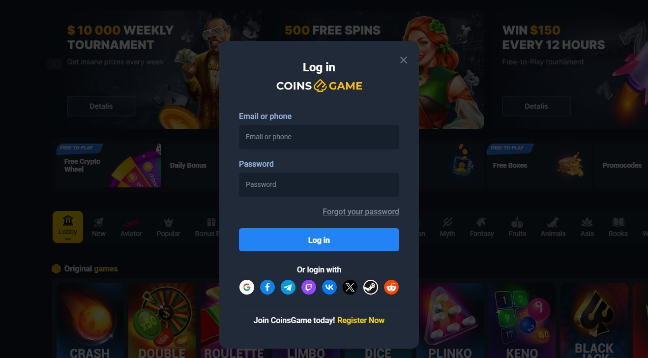 Log into your account on coins.game