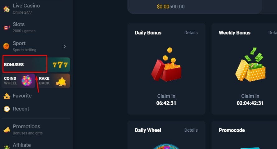 bonuses and promotions page on coins.game