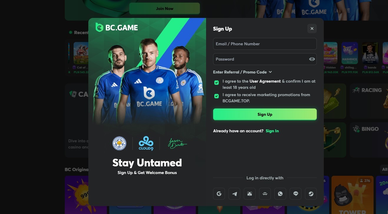 registration window BC.Game