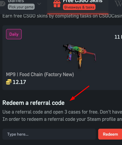Redeem referral code CSGOCasino