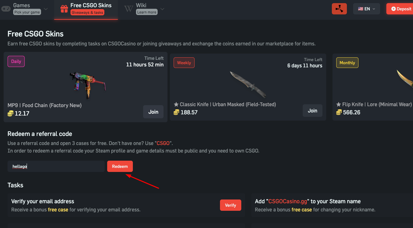 CSGOCasino redeem code
