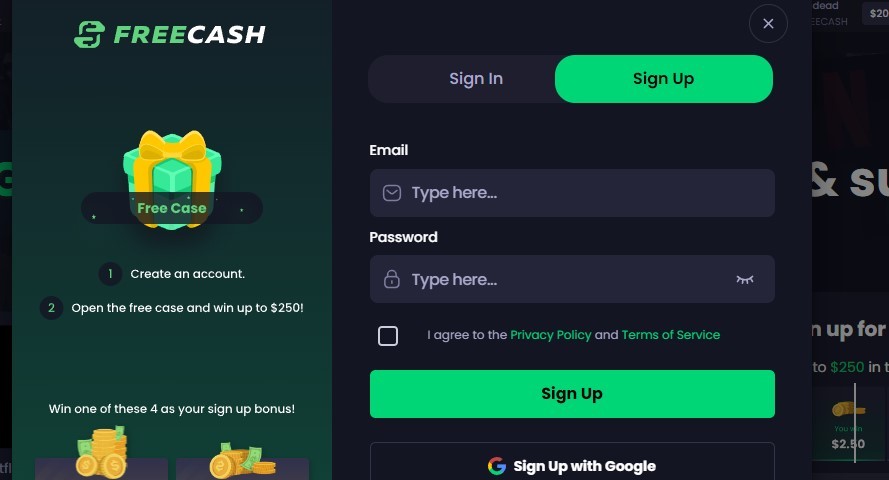 Create an account on freecash