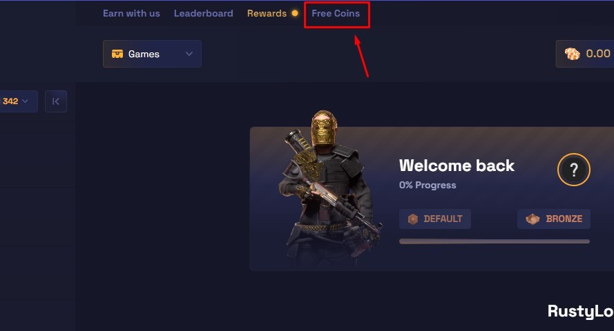 Free Coins tab on rustyloot