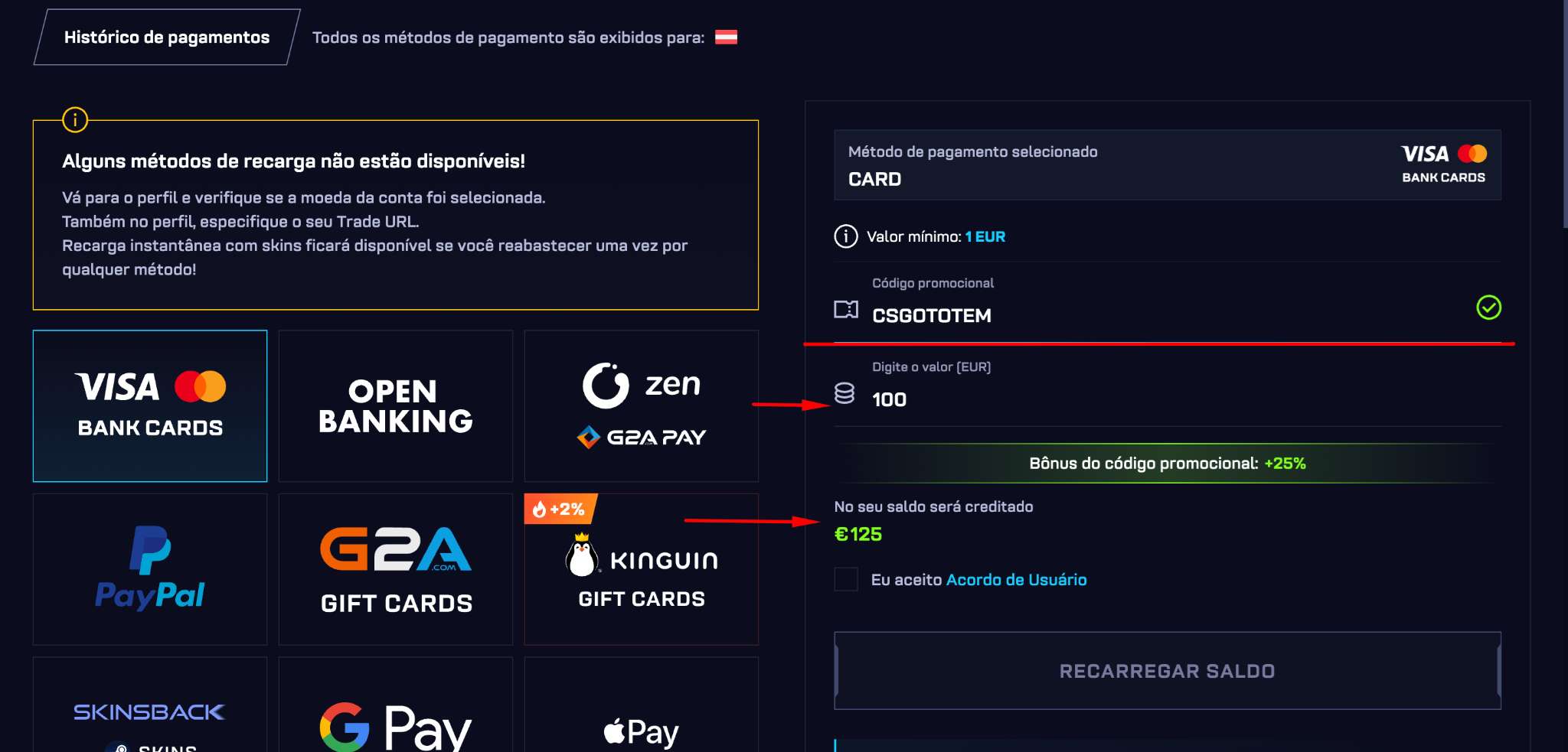 receber com o código de bónus